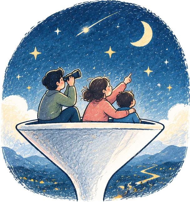 A father, mother and child sit on the rim of a funnel, looking up at a starry night sky