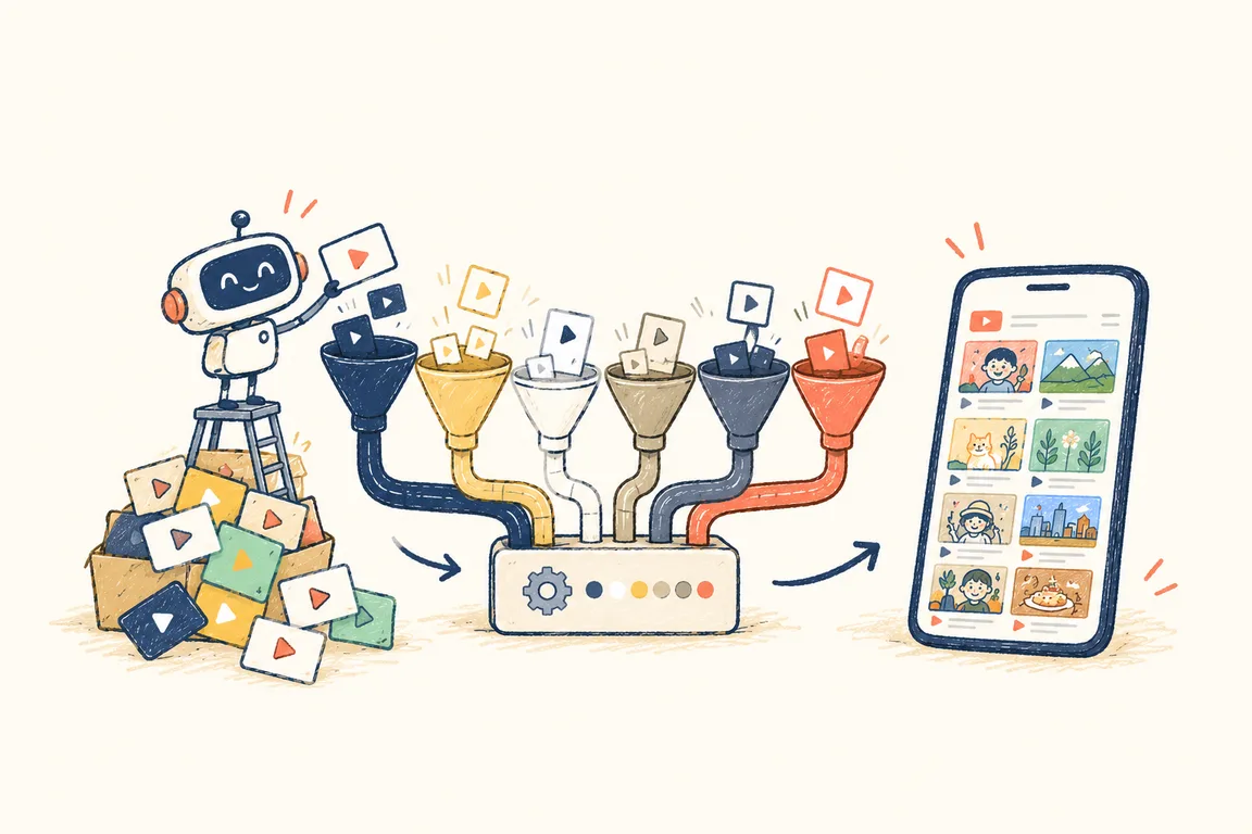 A robot drops videos into colourful funnels; a sorting machine feeds them onto a phone screen