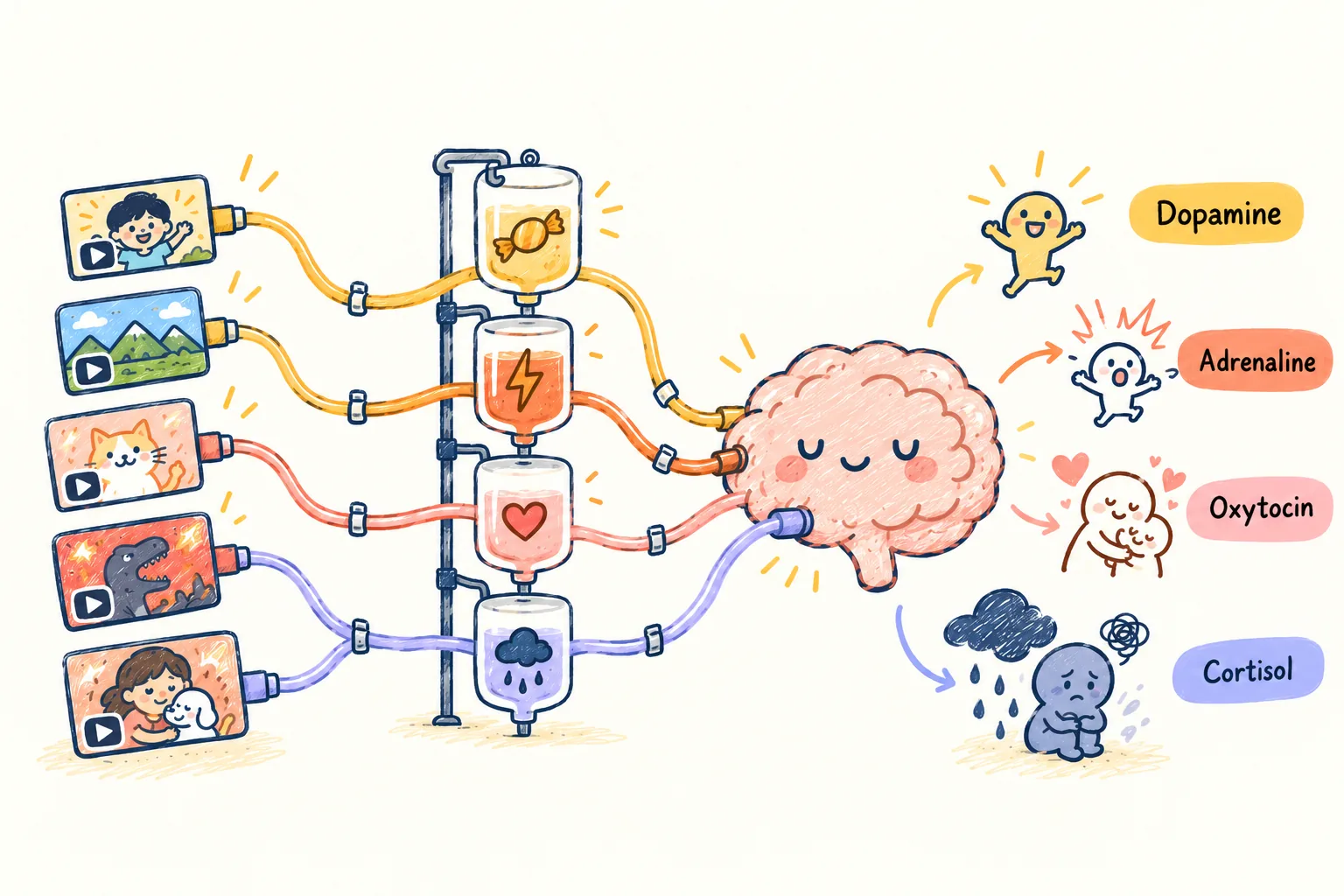 Five videos connected by coloured tubes through four bottles to a smiling brain; on the right, four labels, Dopamine, Adrenaline, Oxytocin and Cortisol, each with a character: joyful, startled, warm, gloomy
